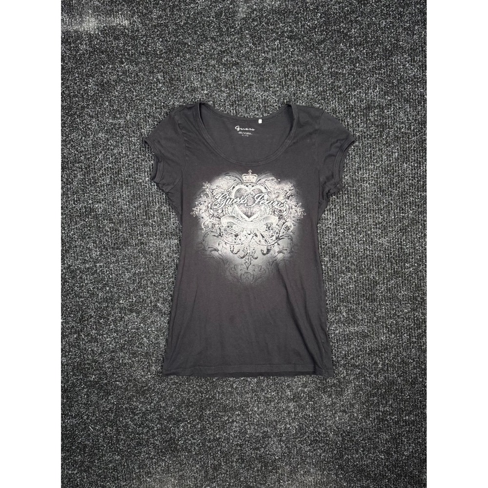 Guess Jeans Black Graphic T-Shirt Silver Foil Heart Crown XL Womens Slim Fit